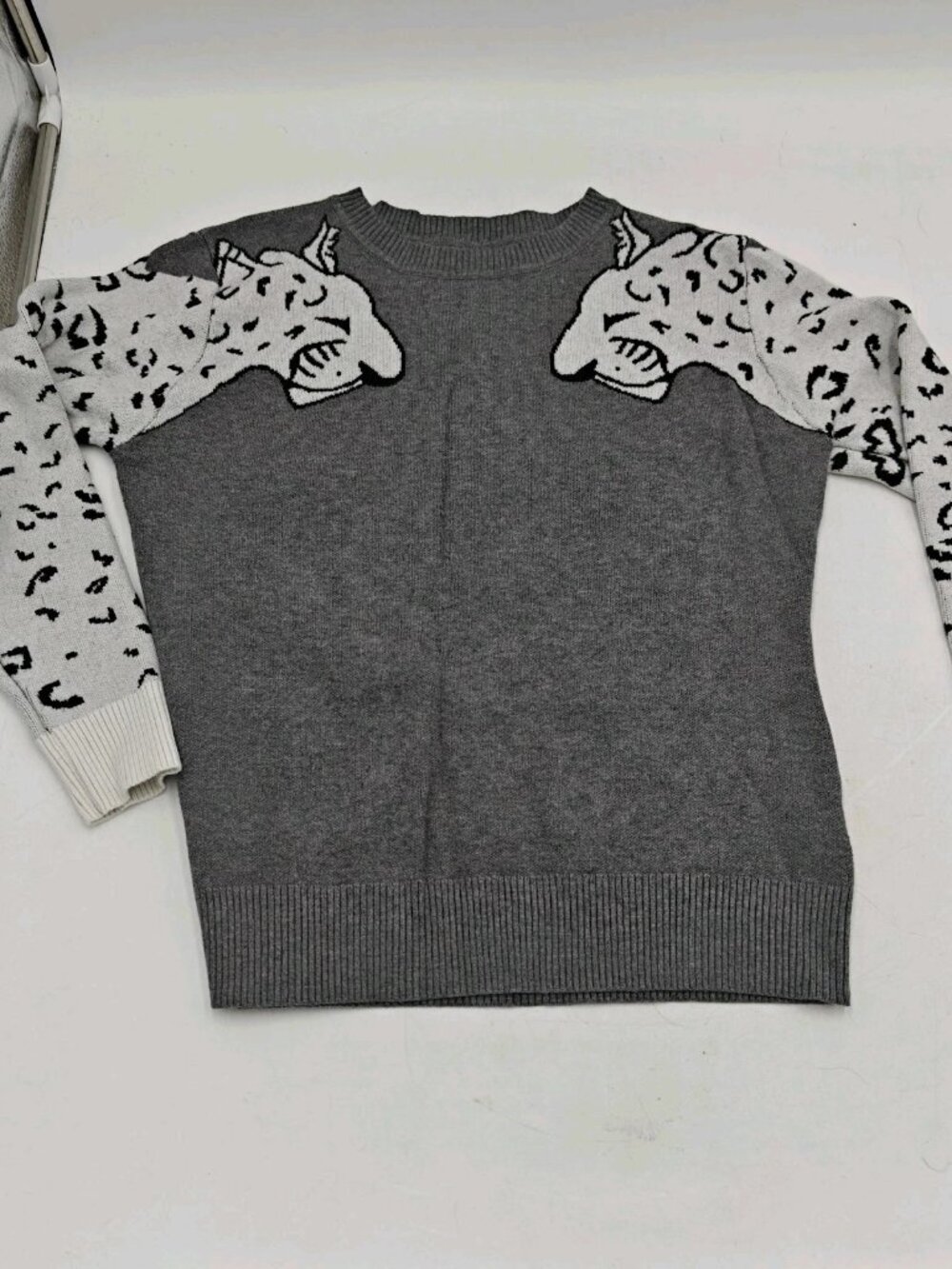 Minkpink Grey Snow Leopard Sweater Woman’s Size Small Top Long Sleeve